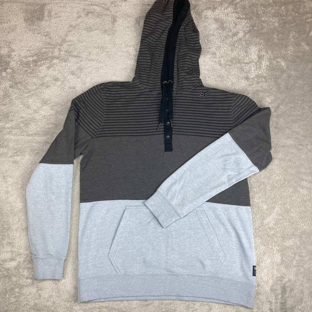 Fox Racing Men's‎ Slim Fit Stripe Logo Hoodie Pullover Gray Light Blue Medium